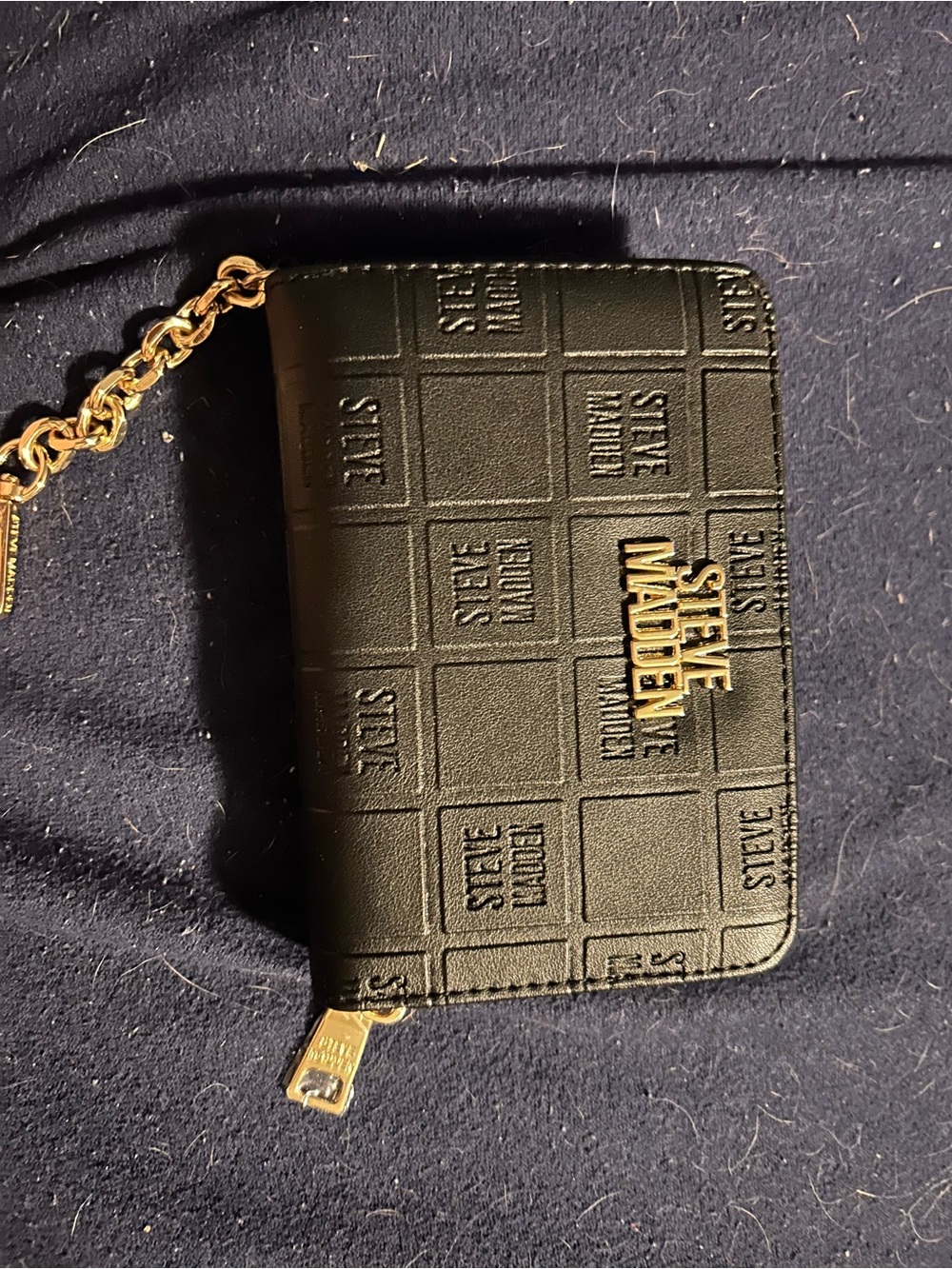 Steve Madden Black Quilted Zip-Around Wallet with Gold Chain Accent